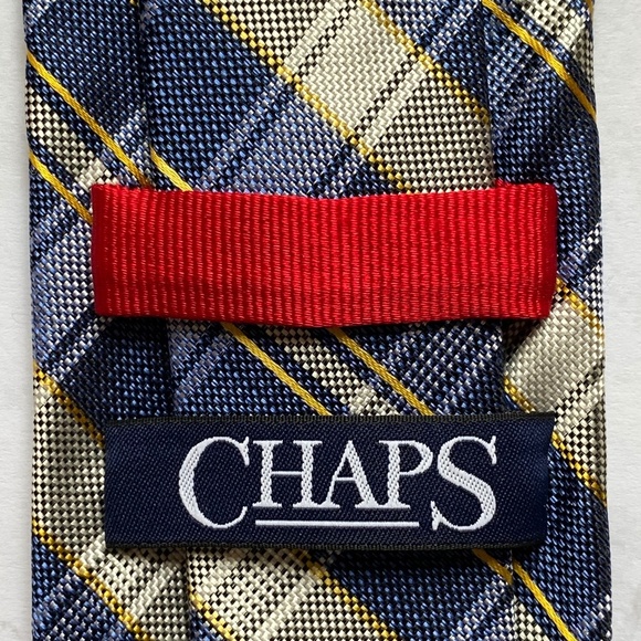 CHAPS Men's Tie Silk Plaid Classic Work Spandex Stretch Navy Yellow - Picture 5 of 8